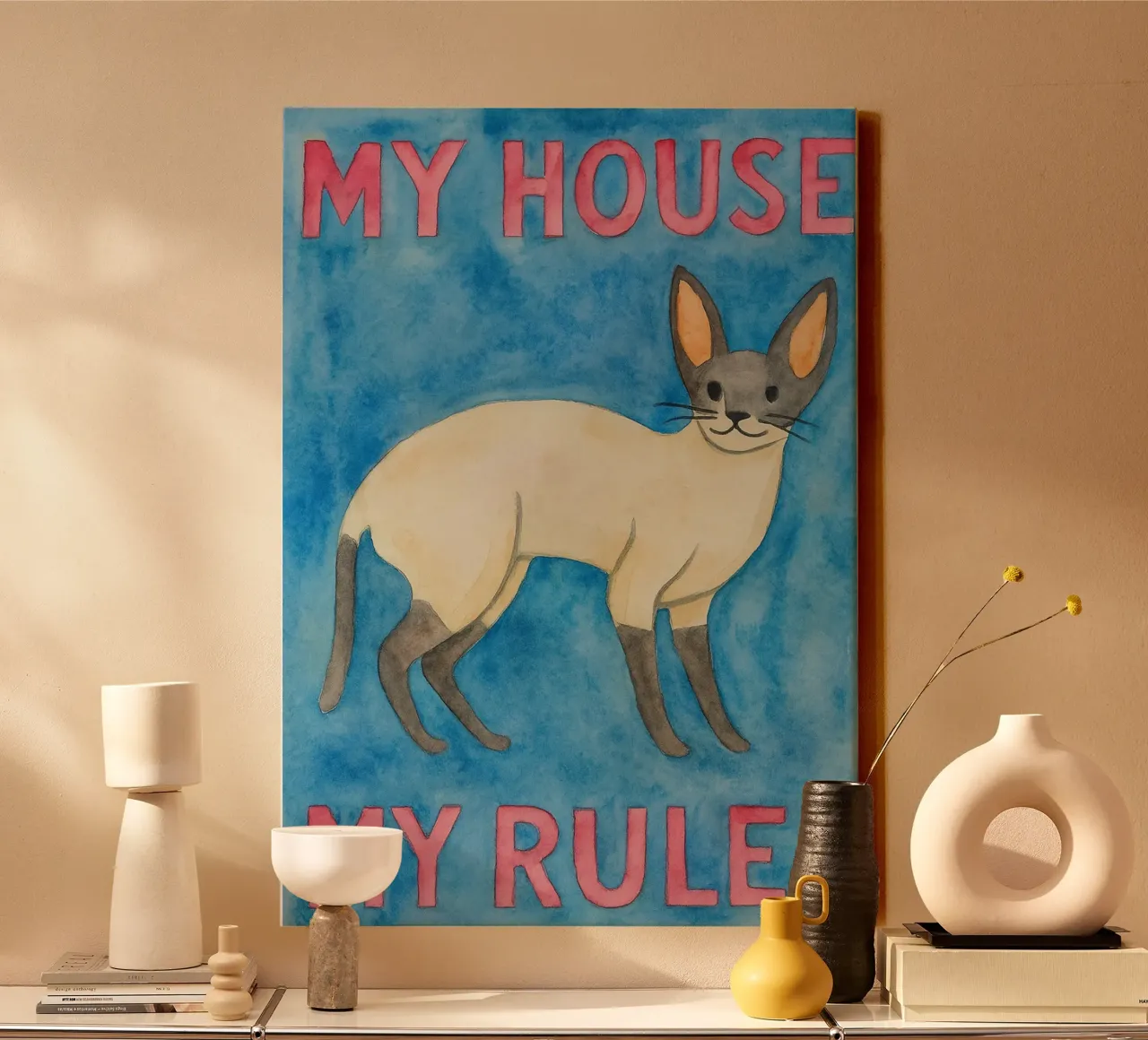 cat my house my rules painting canvas with Floater frame by Goldend