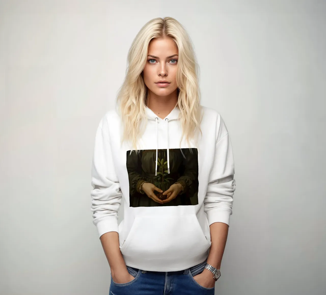 Donna che tiene in mano una piccola pianta su sfondo scuro felpa con cappuccio da DesignDoodle