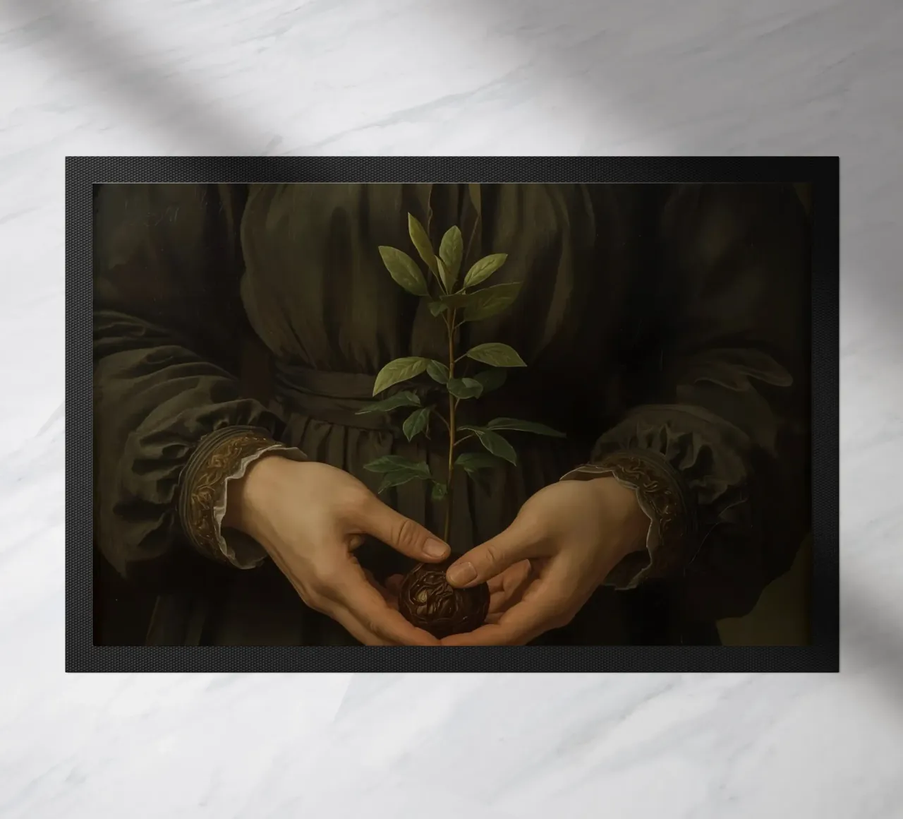 Donna che tiene in mano una piccola pianta su sfondo scuro zerbino da DesignDoodle