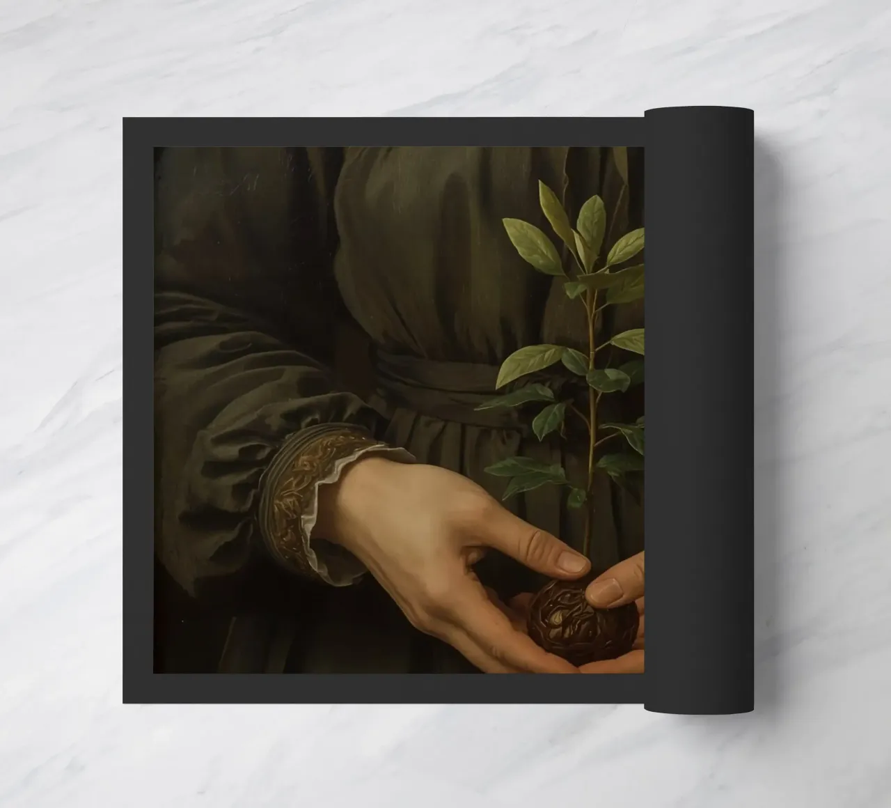 Donna che tiene in mano una piccola pianta su sfondo scuro zerbino da DesignDoodle