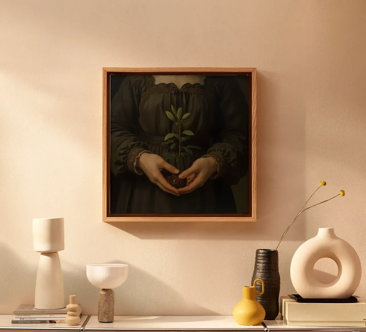 Donna che tiene in mano una piccola pianta su sfondo scuro tela con Cornice a cassetta da DesignDoodle