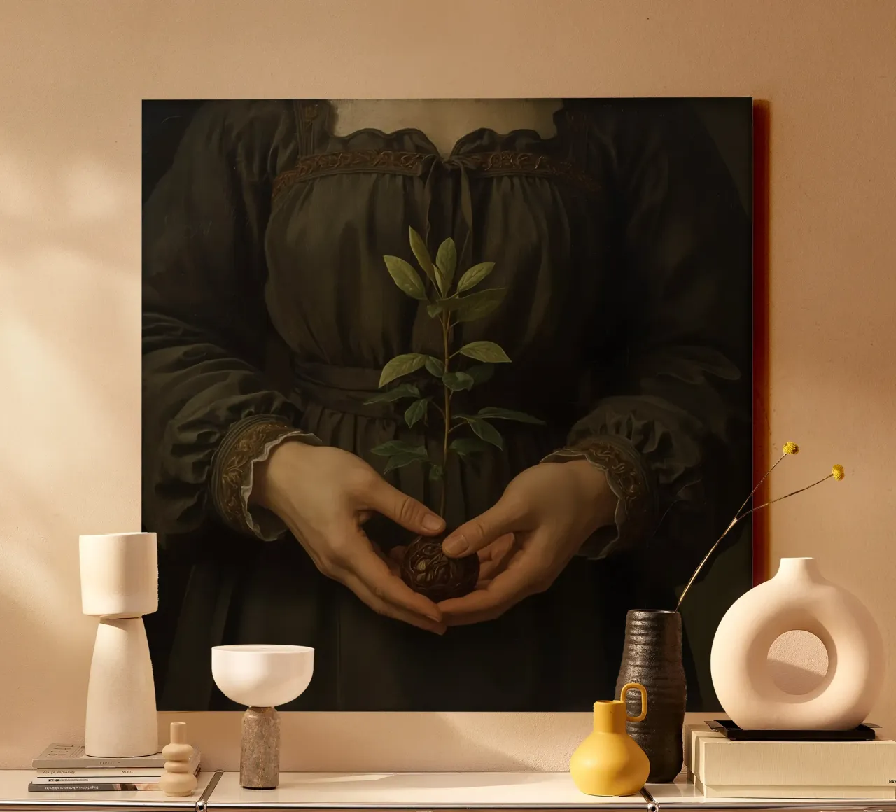 Donna che tiene in mano una piccola pianta su sfondo scuro tela con Cornice a cassetta da DesignDoodle