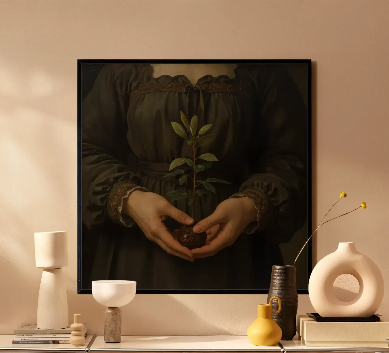 Donna che tiene in mano una piccola pianta su sfondo scuro poster con telaio in legno da DesignDoodle
