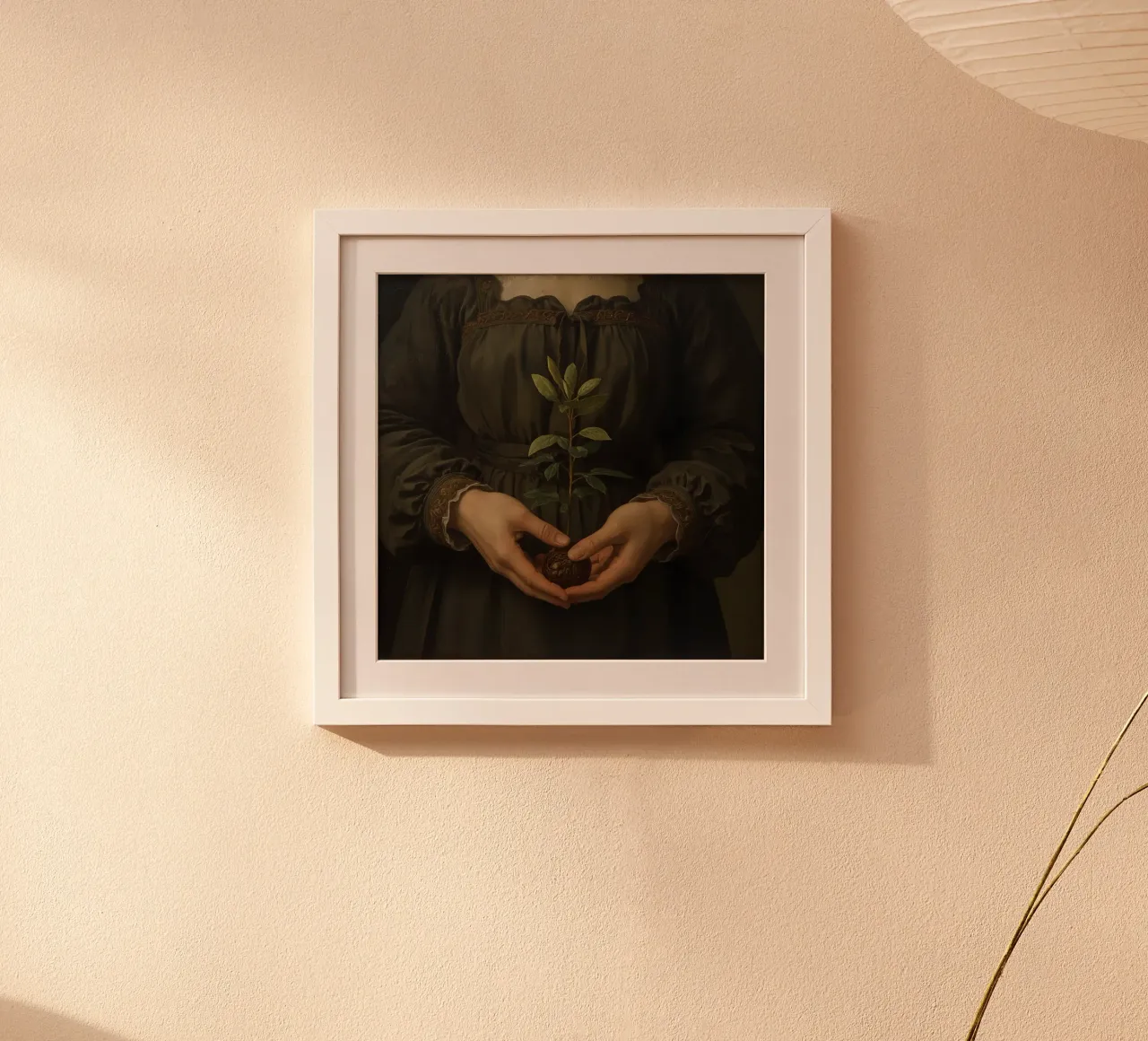 Donna che tiene in mano una piccola pianta su sfondo scuro poster con telaio in legno da DesignDoodle