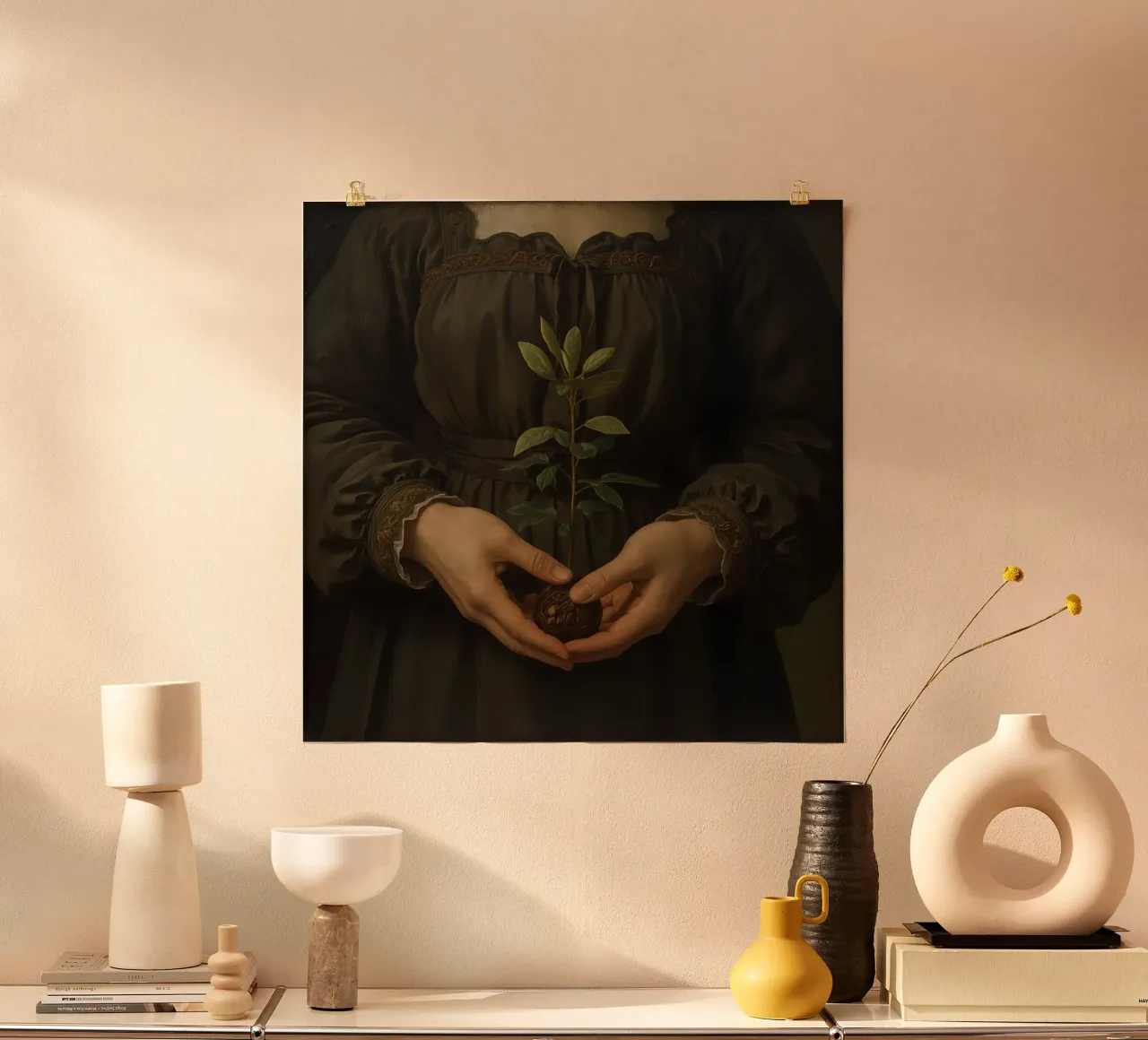 Donna che tiene in mano una piccola pianta su sfondo scuro poster con telaio in legno da DesignDoodle