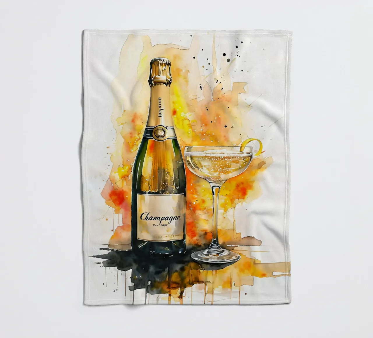 Champagne Bottle and Glass Watercolor Painting fleece blanket by 🥝 KIWI STORE