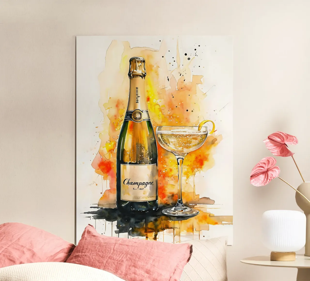 Bottiglia di champagne e vetro dipinti ad acquerello poster con telaio in plastica da 🥝 KIWI STORE