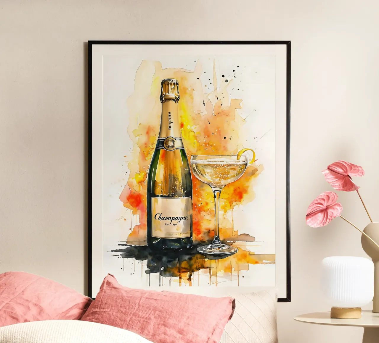 Bottiglia di champagne e vetro dipinti ad acquerello poster con telaio in plastica da 🥝 KIWI STORE