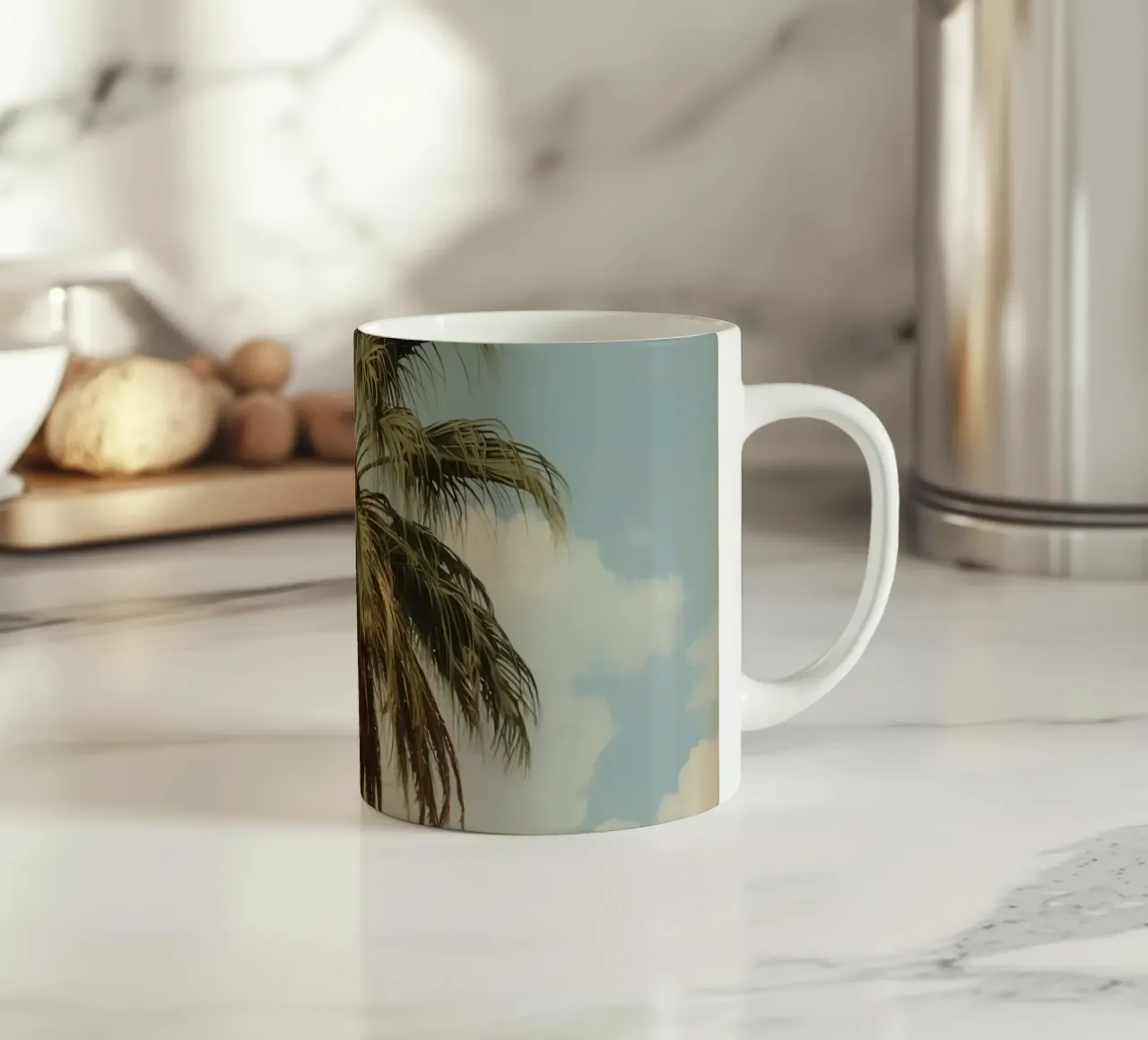 Palma alta con cielo blu e nuvole soffici in una luce calda. tazza in ceramica da DesignDoodle
