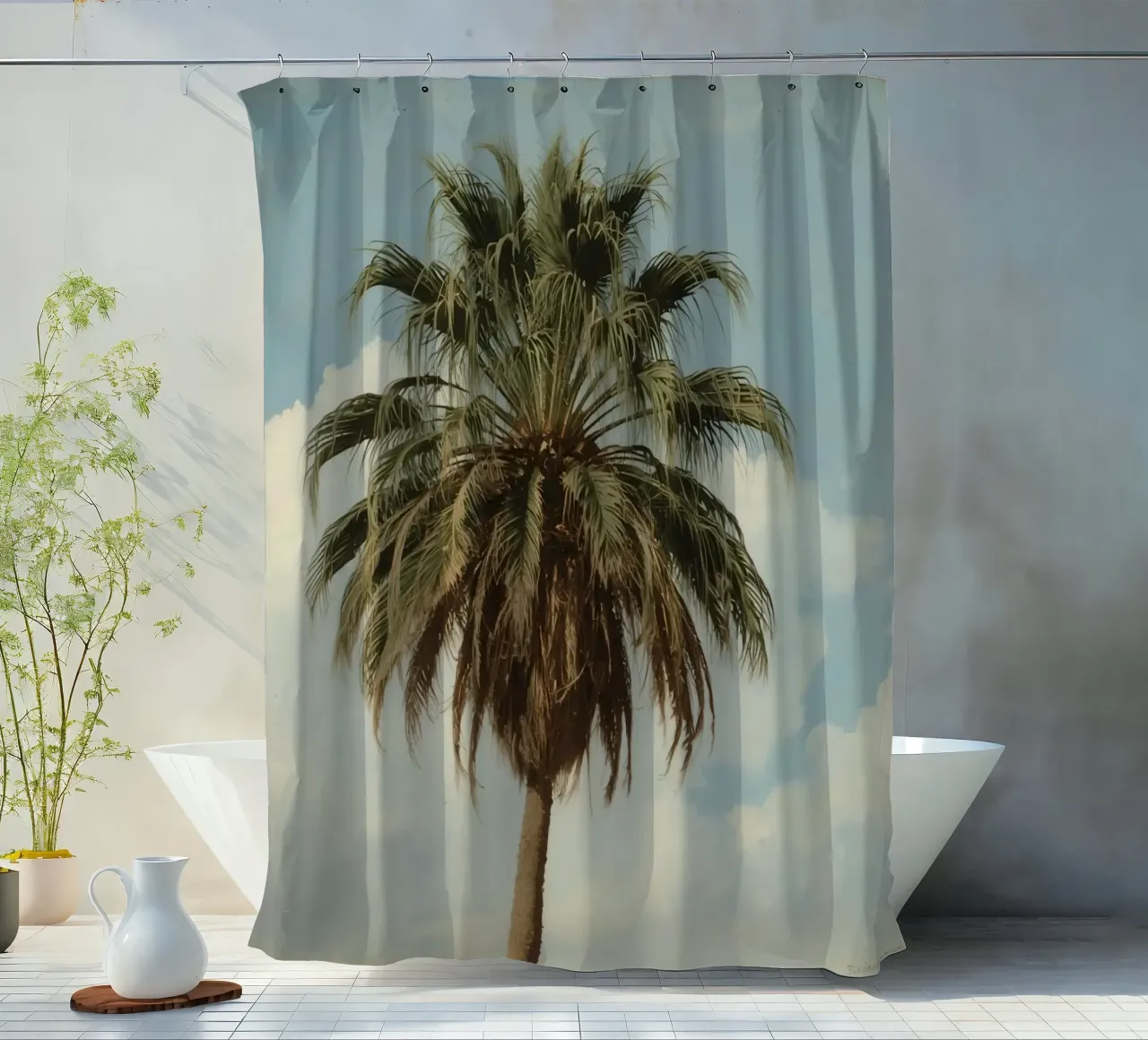 Palma alta con cielo blu e nuvole soffici in una luce calda. tenda da doccia da DesignDoodle