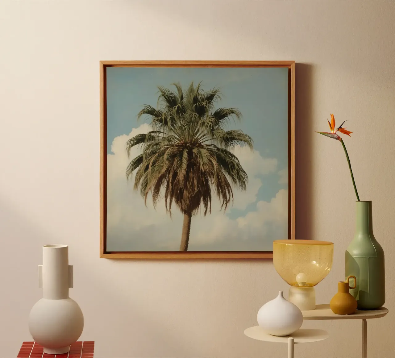 Tall palm tree with blue sky with fluffy clouds in warm ligh canvas by DesignDoodle
