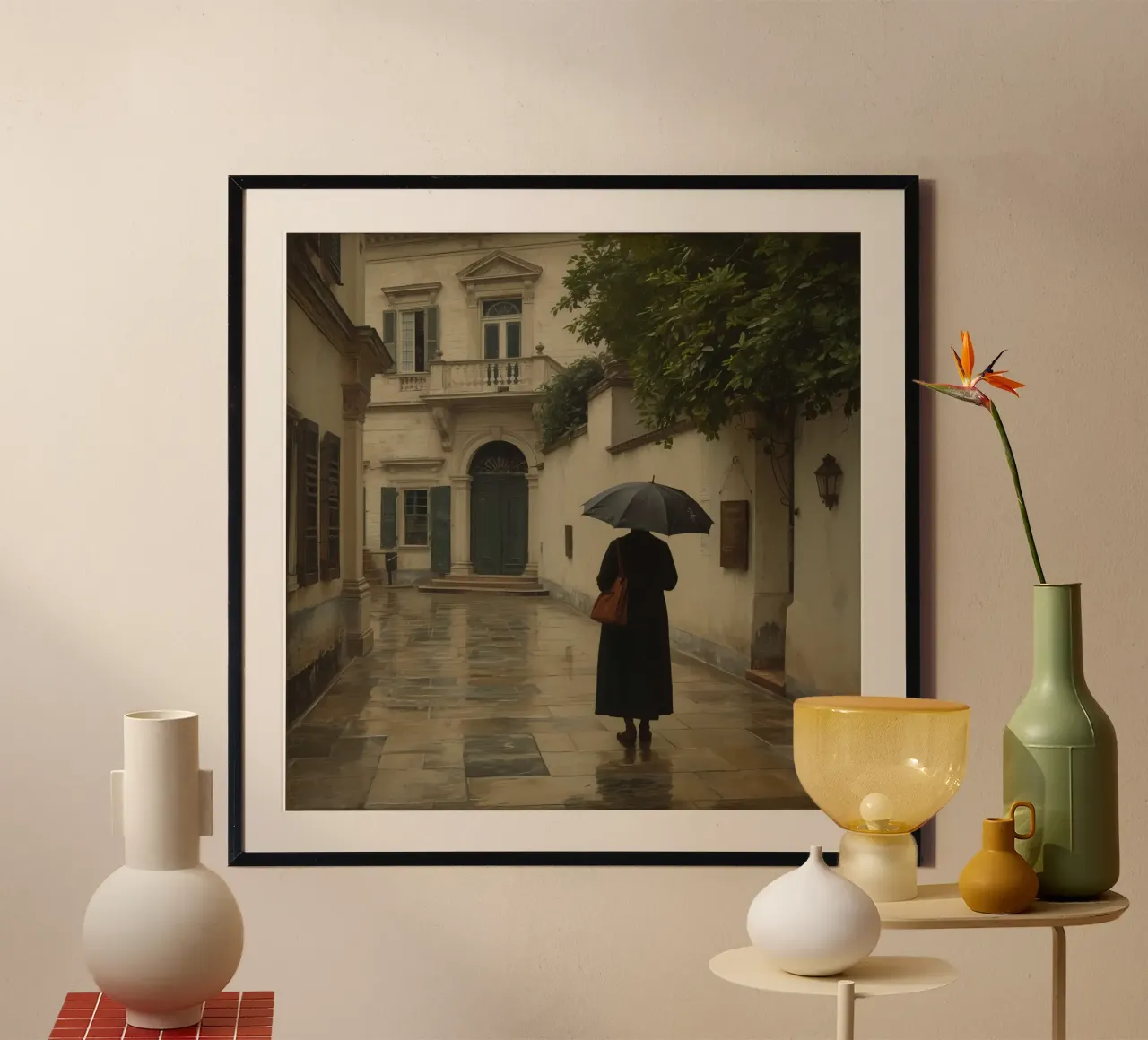 Donna che cammina con l'ombrello in un giorno di pioggia in una strada storica poster con telaio in legno da DesignDoodle