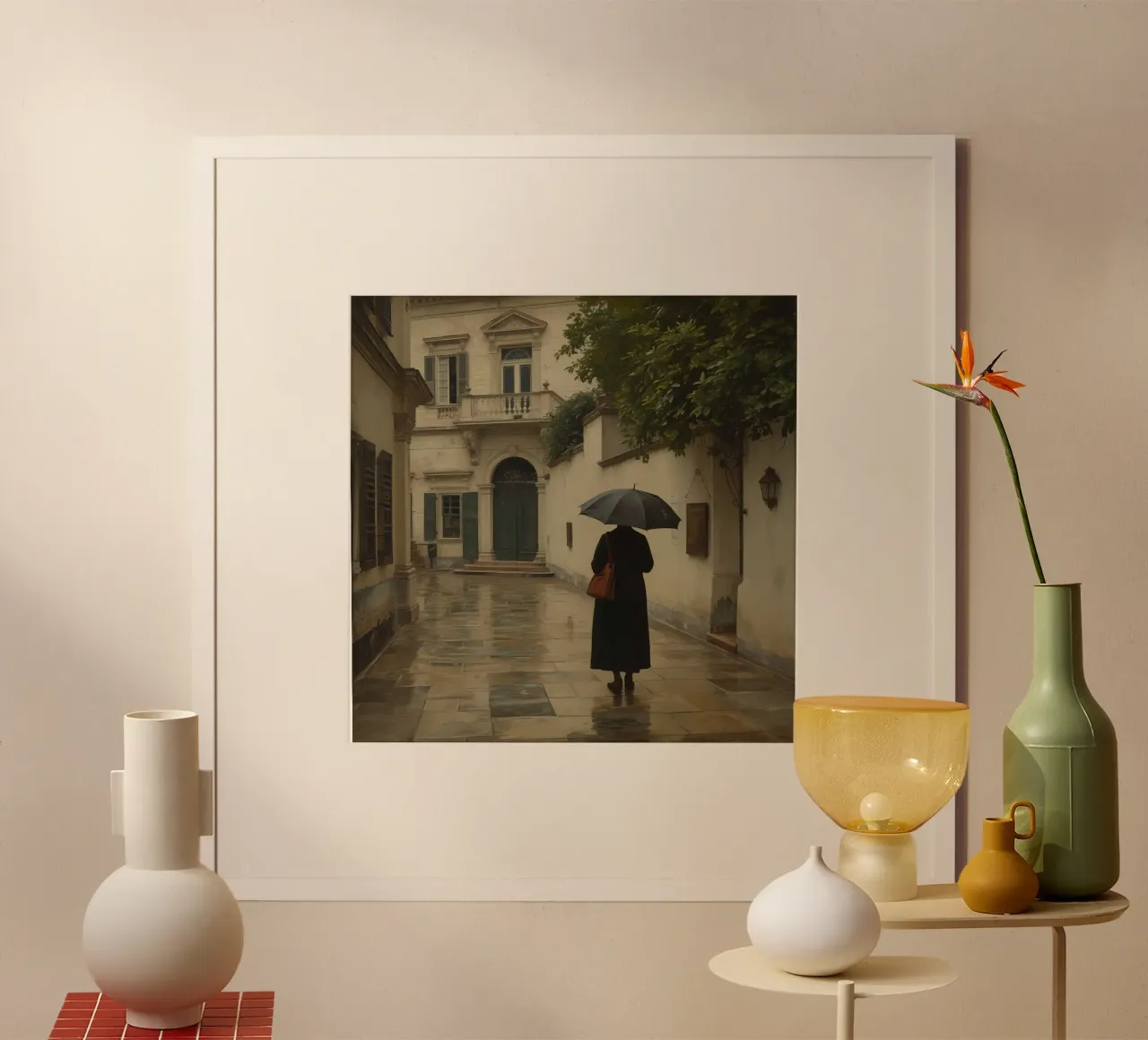 Donna che cammina con l'ombrello in un giorno di pioggia in una strada storica poster con telaio in legno da DesignDoodle