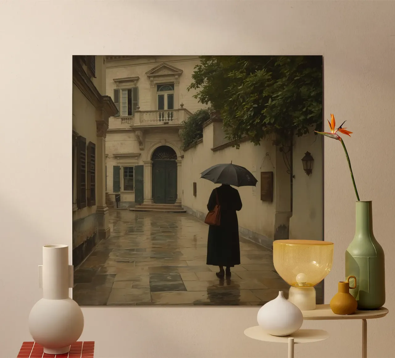 Donna che cammina con l'ombrello in un giorno di pioggia in una strada storica poster con telaio in legno da DesignDoodle