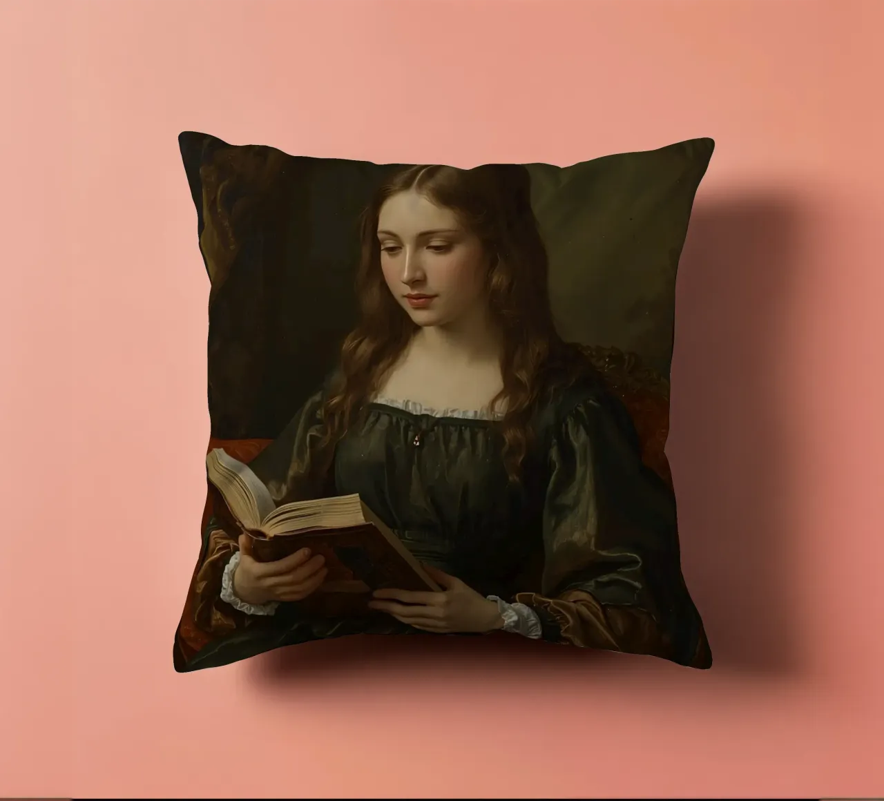 Giovane ragazza intenta a leggere un libro in una stanza elegante cuscino da DesignDoodle