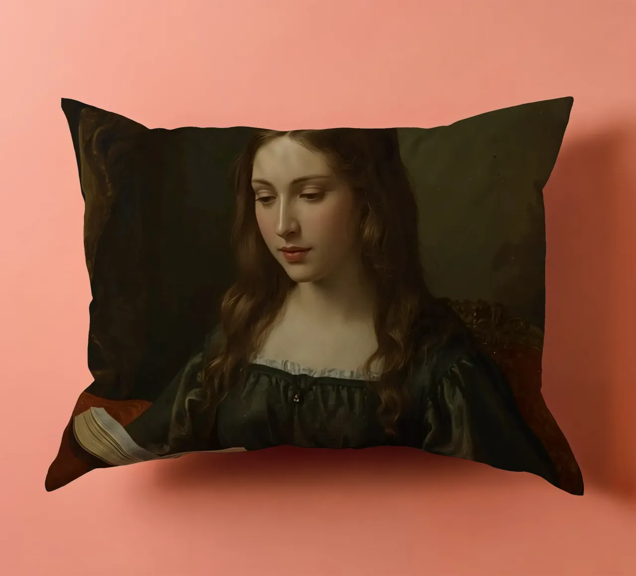 Giovane ragazza intenta a leggere un libro in una stanza elegante cuscino da DesignDoodle