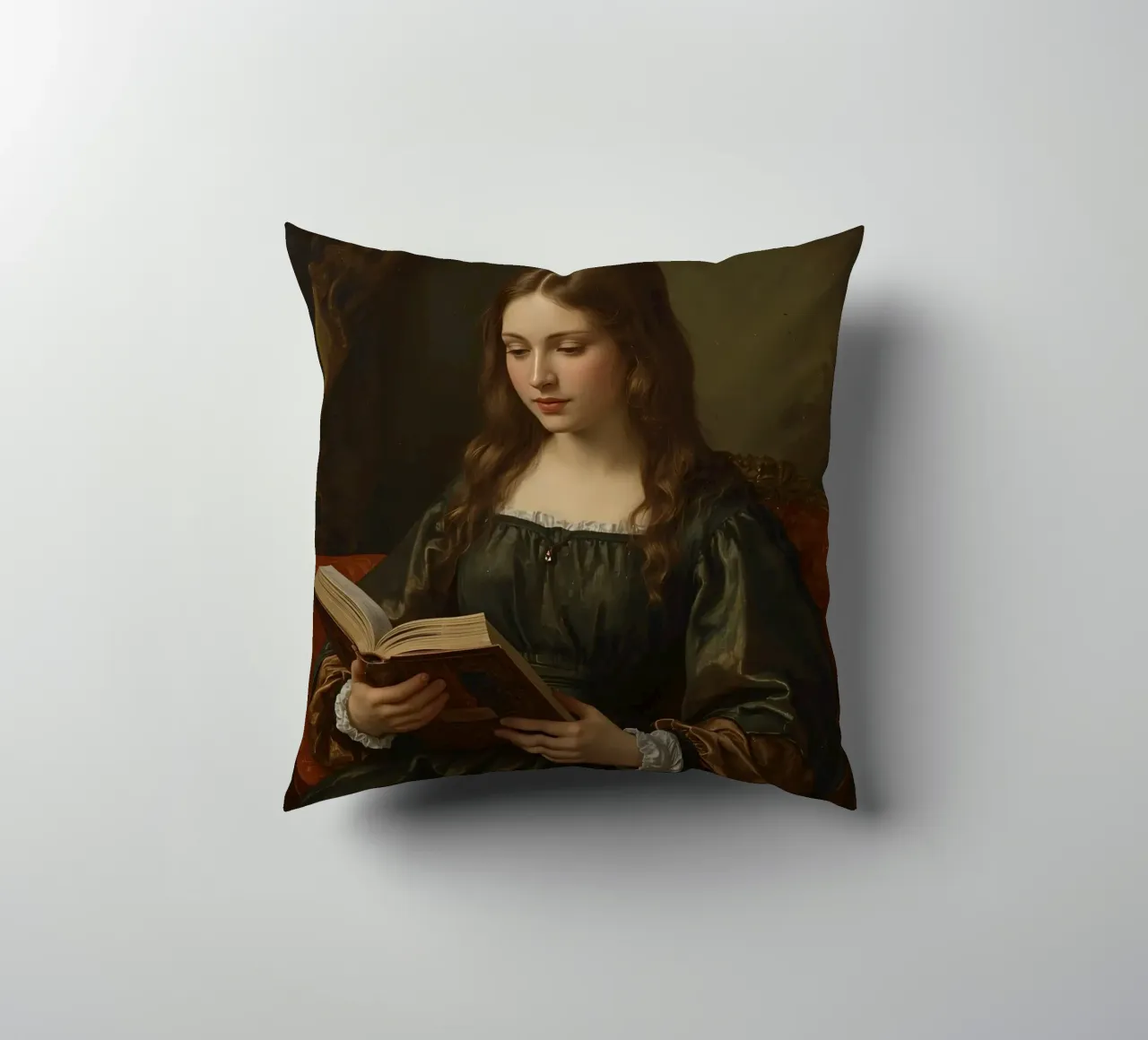 Giovane ragazza intenta a leggere un libro in una stanza elegante cuscino da DesignDoodle