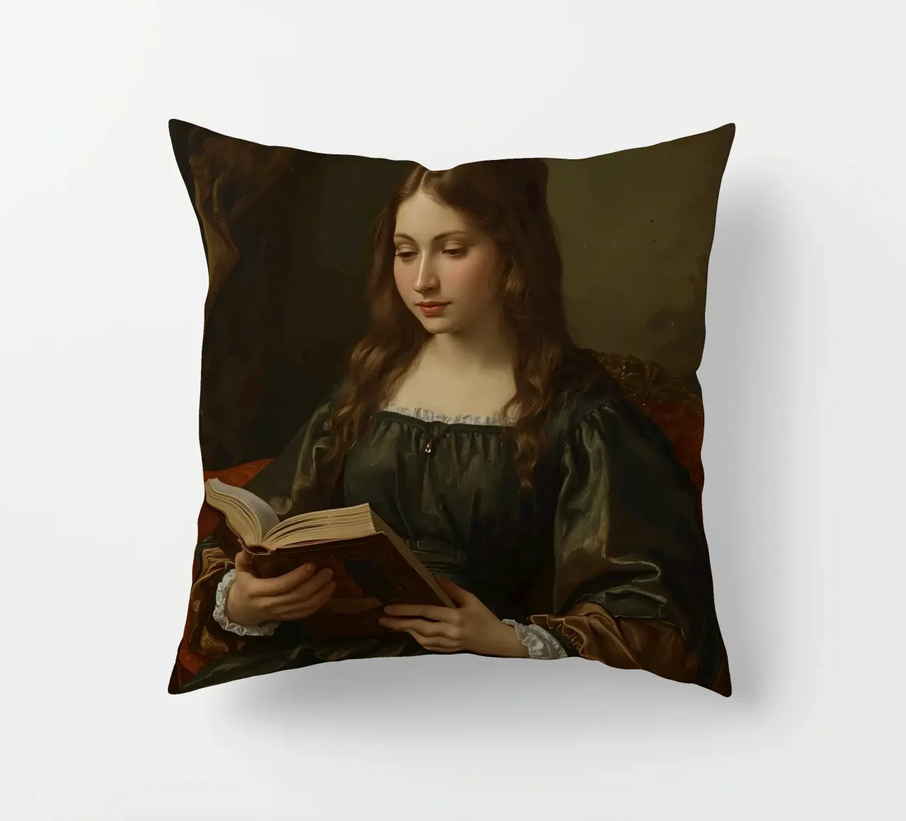 Giovane ragazza intenta a leggere un libro in una stanza elegante cuscino da DesignDoodle