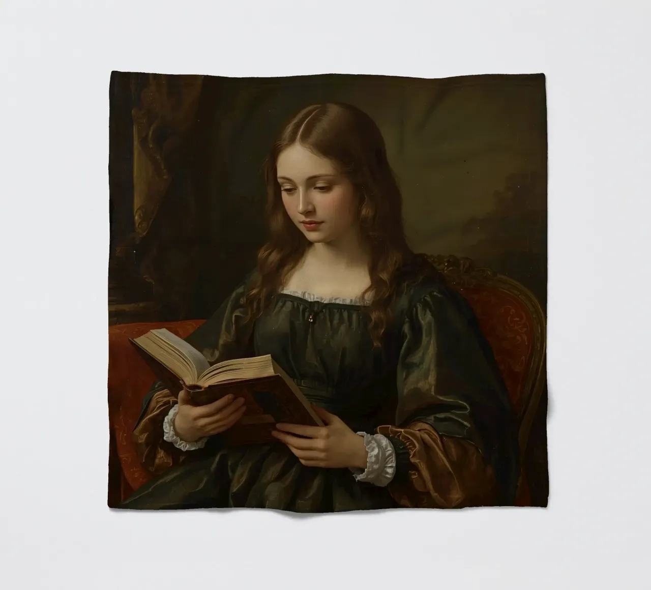Giovane ragazza intenta a leggere un libro in una stanza elegante coperta in pile da DesignDoodle