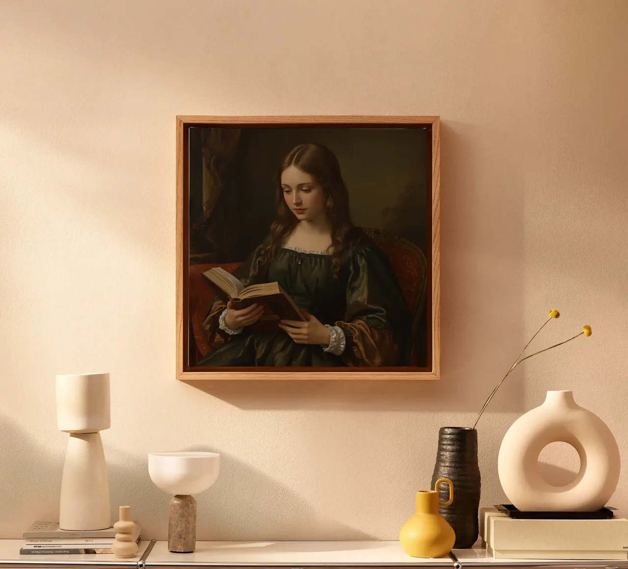Giovane ragazza intenta a leggere un libro in una stanza elegante tela con Cornice a cassetta da DesignDoodle