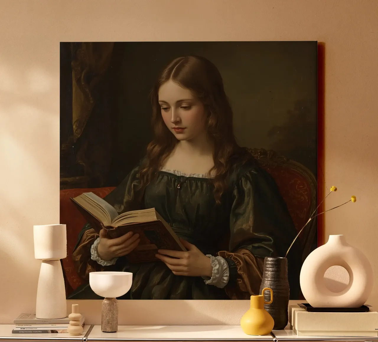 Giovane ragazza intenta a leggere un libro in una stanza elegante tela con Cornice a cassetta da DesignDoodle