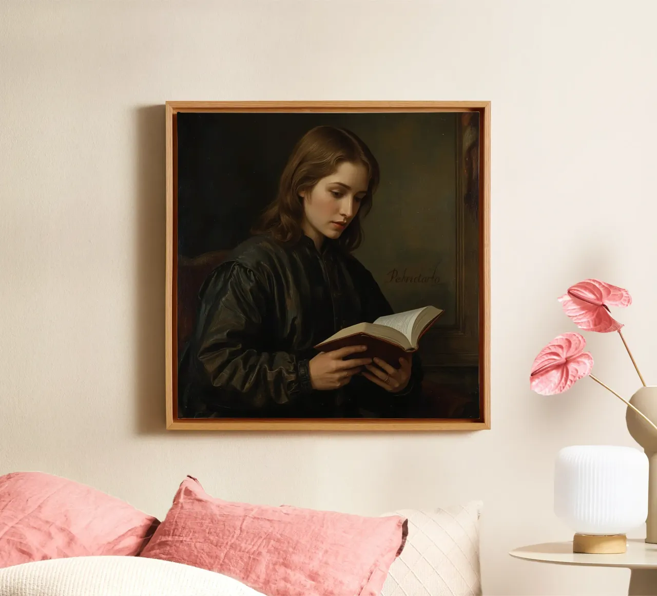 Young man reading quietly indoors, reflecting on the pages canvas with Floater frame by DesignDoodle