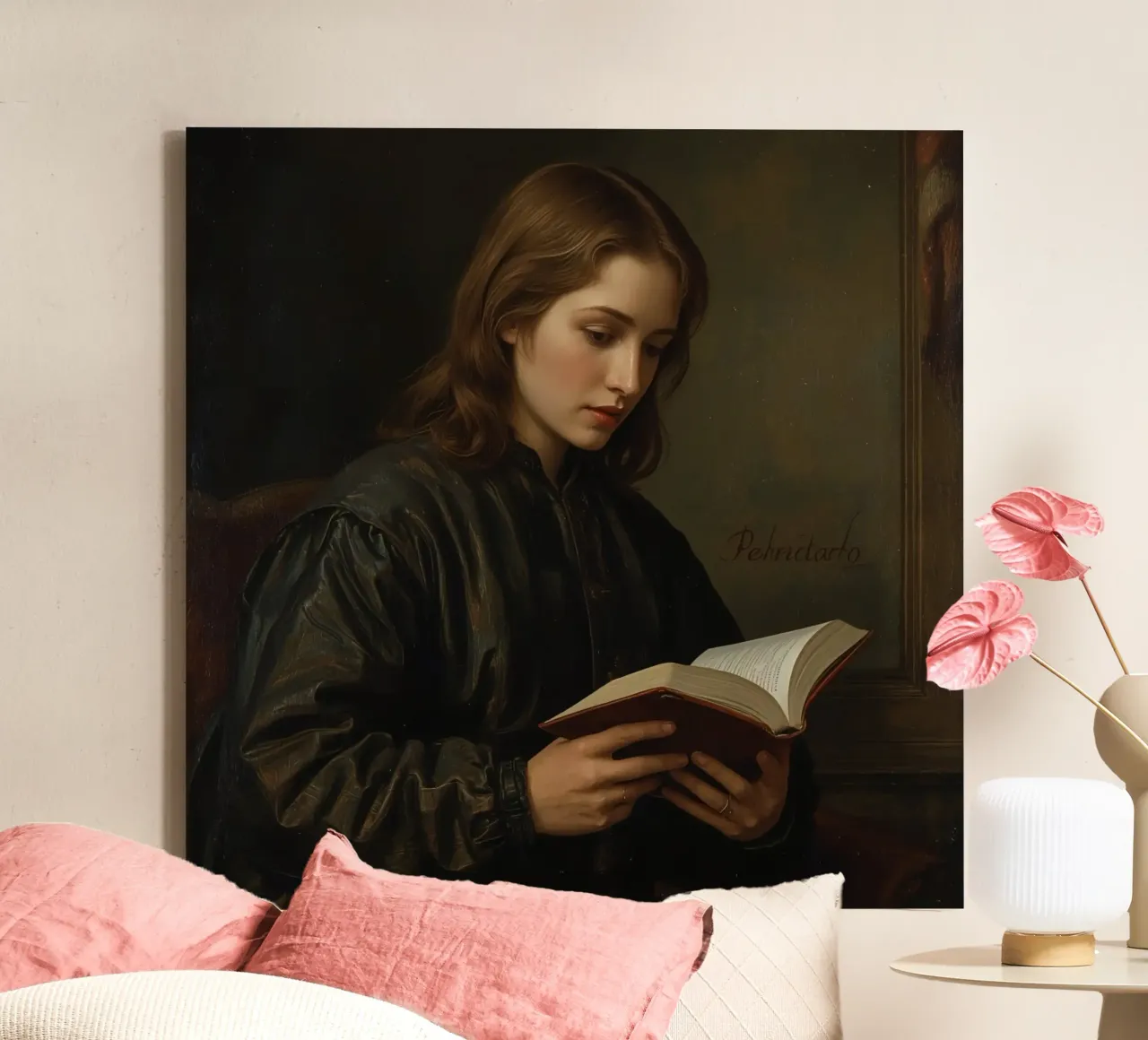 Young man reading quietly indoors, reflecting on the pages canvas with Floater frame by DesignDoodle