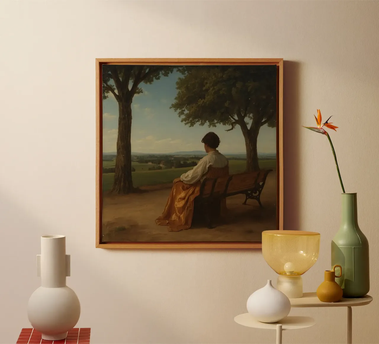 man seated on a bench overlooking a picturesque landscape canvas with Floater frame by DesignDoodle