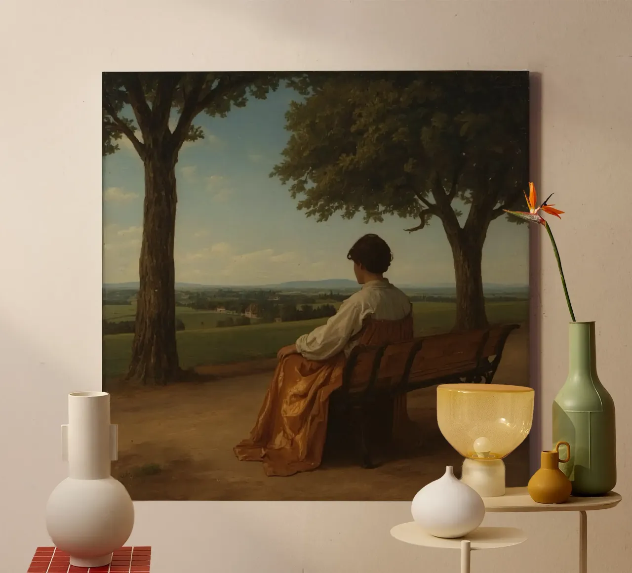 uomo seduto su una panchina con vista su un paesaggio pittoresco tela da DesignDoodle