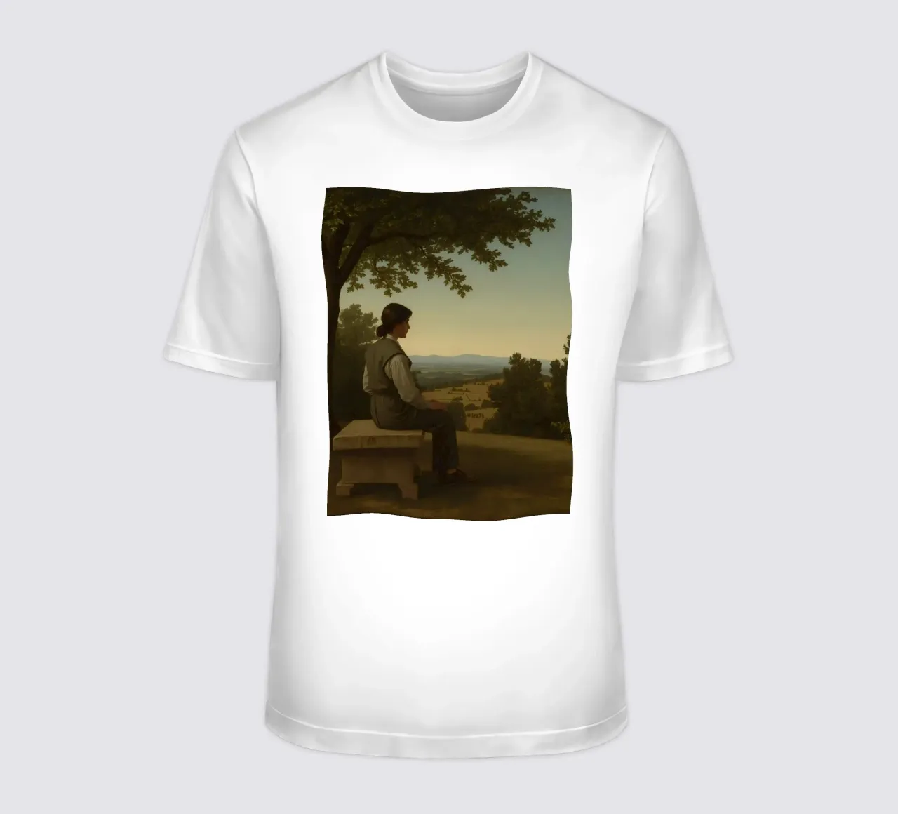 man seated on a stone bench reflecting on a landscape t-shirt by DesignDoodle