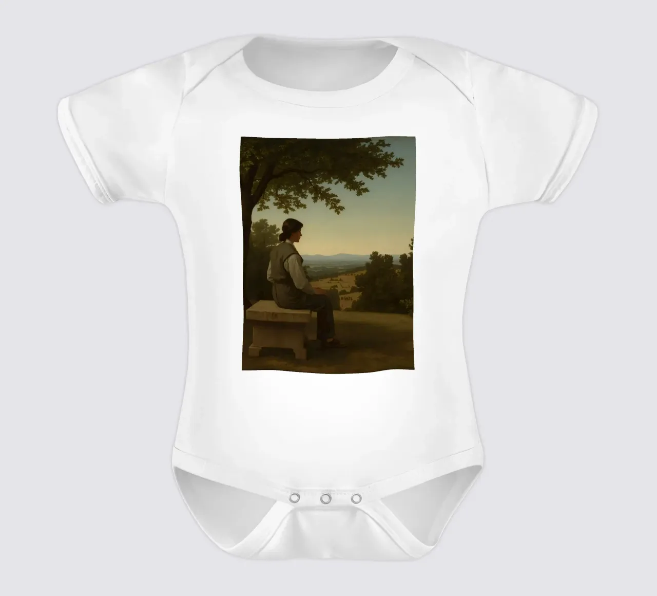 man seated on a stone bench reflecting on a landscape short-sleeve baby romper by DesignDoodle
