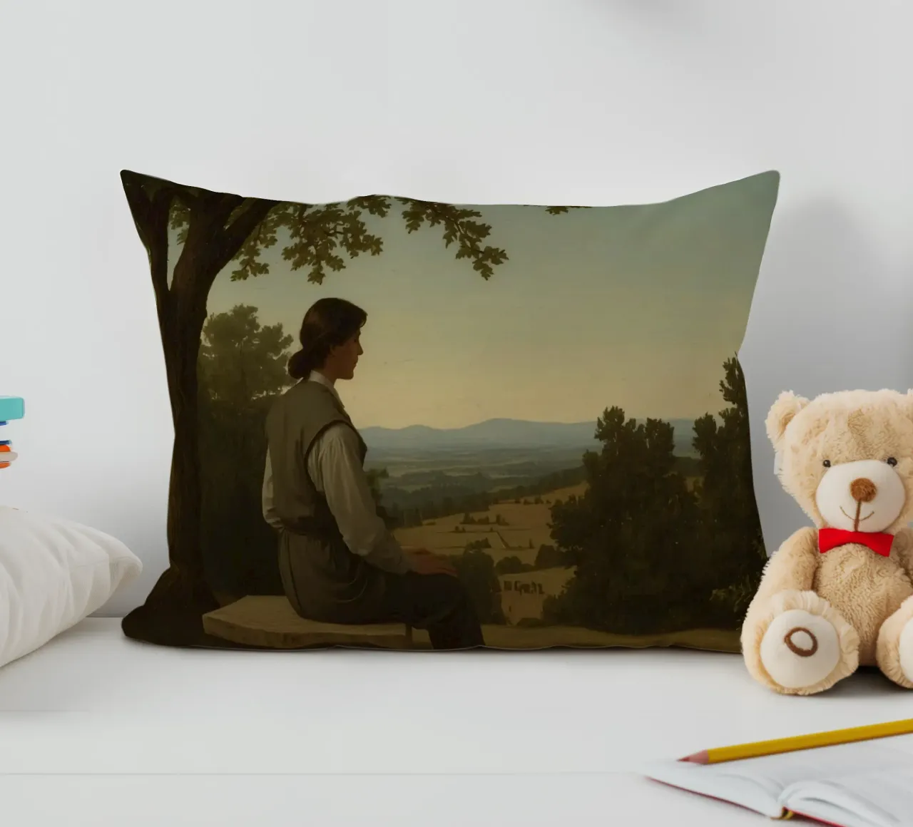 uomo seduto su una panchina di pietra che riflette su un paesaggio cuscino da DesignDoodle