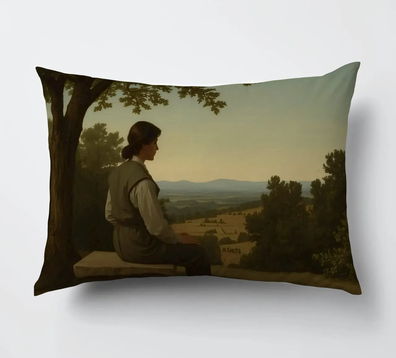 uomo seduto su una panchina di pietra che riflette su un paesaggio cuscino da DesignDoodle