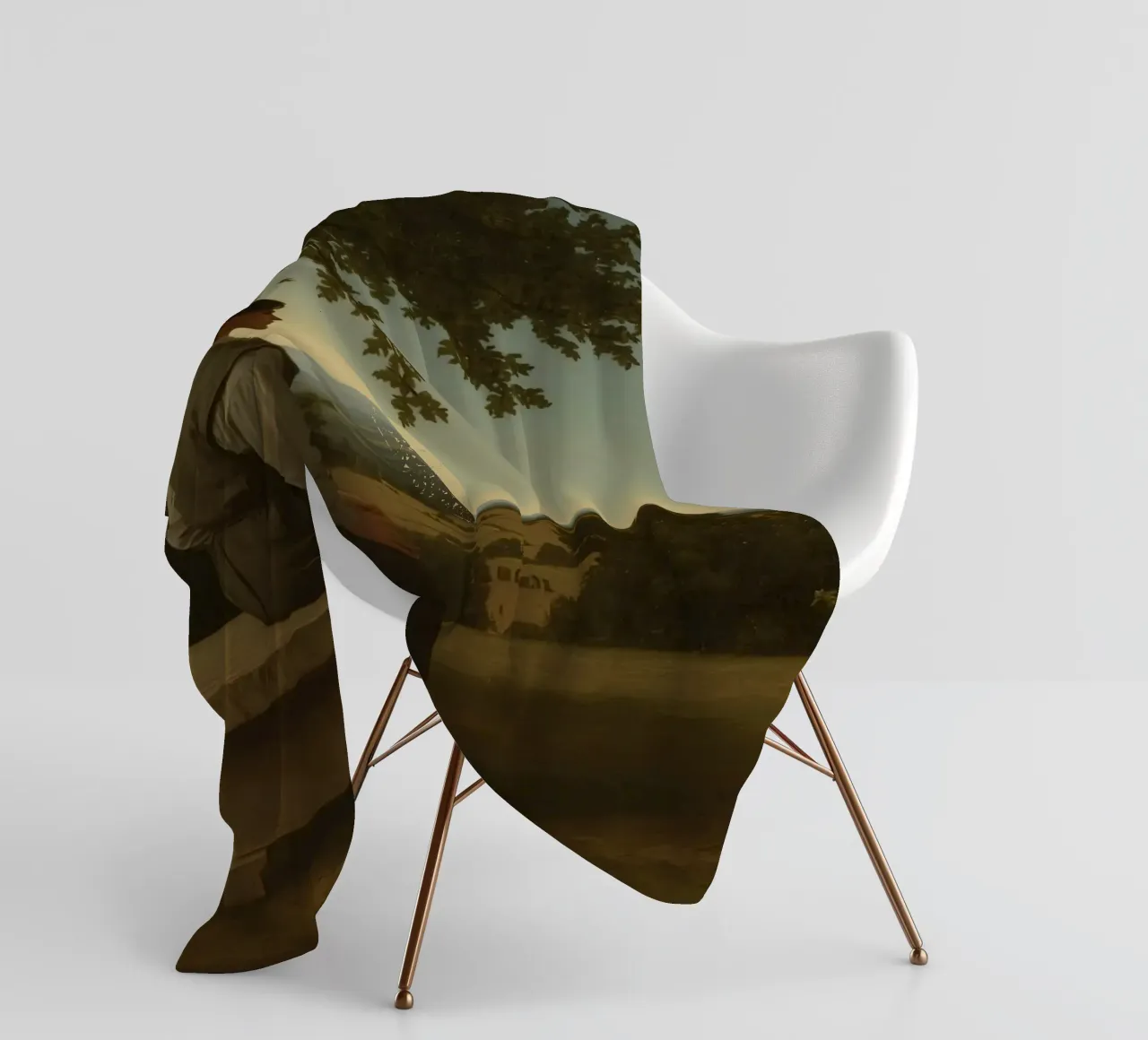 man seated on a stone bench reflecting on a landscape fleece blanket by DesignDoodle