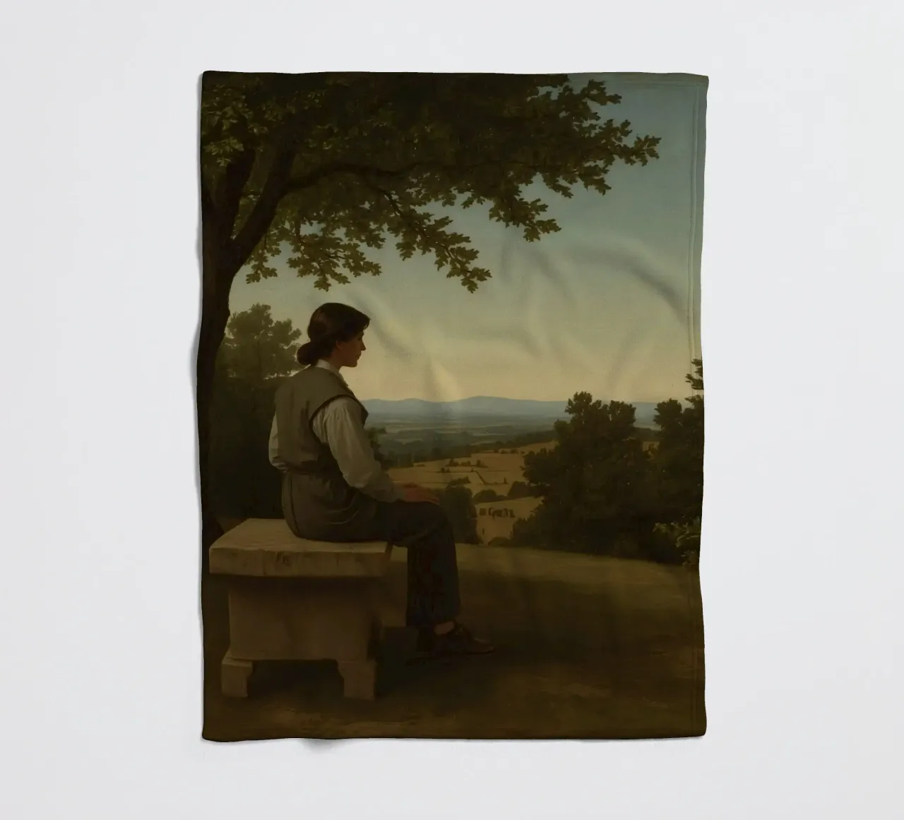 man seated on a stone bench reflecting on a landscape fleece blanket by DesignDoodle