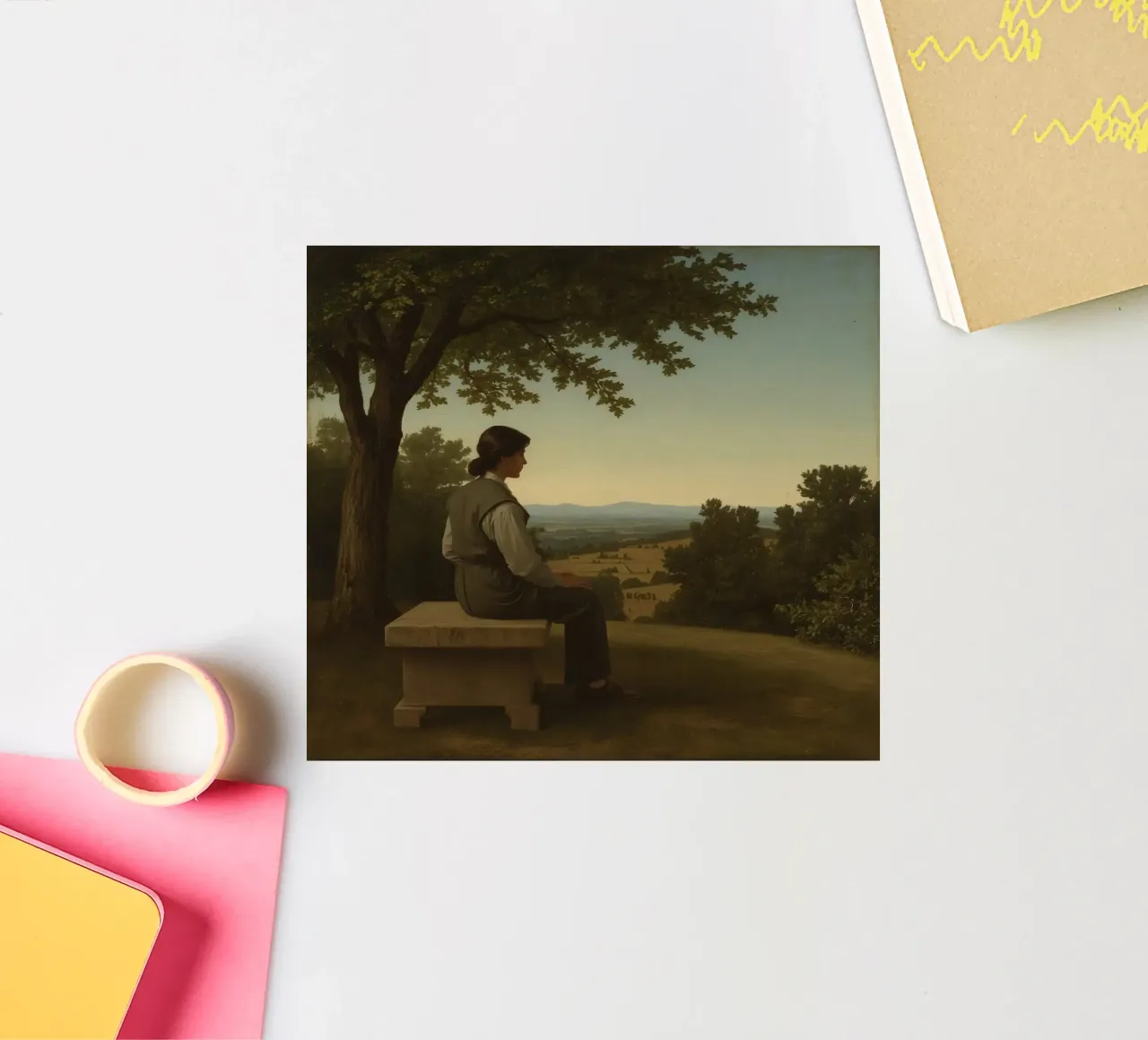 man seated on a stone bench reflecting on a landscape sticker by DesignDoodle