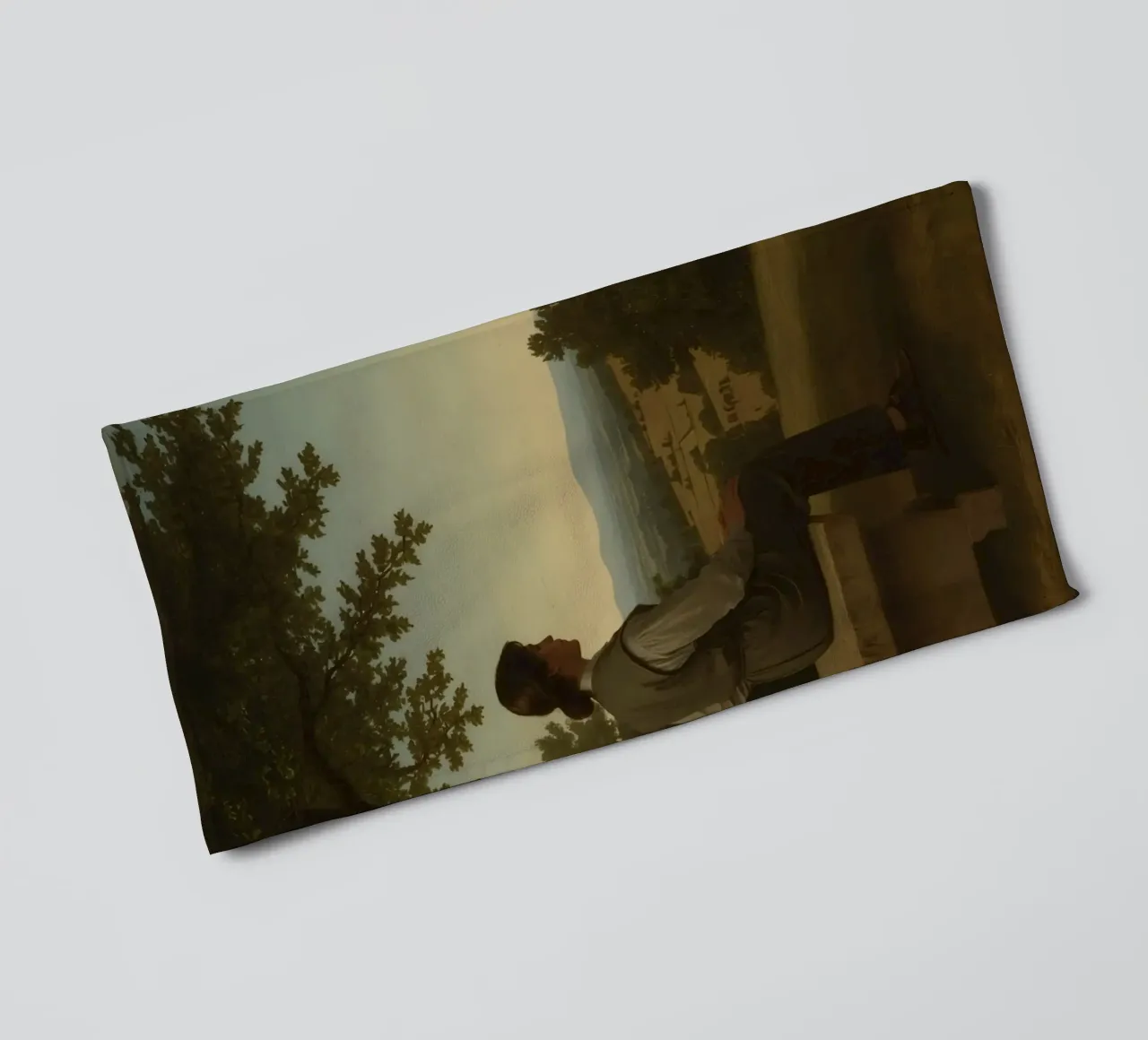 man seated on a stone bench reflecting on a landscape towel by DesignDoodle