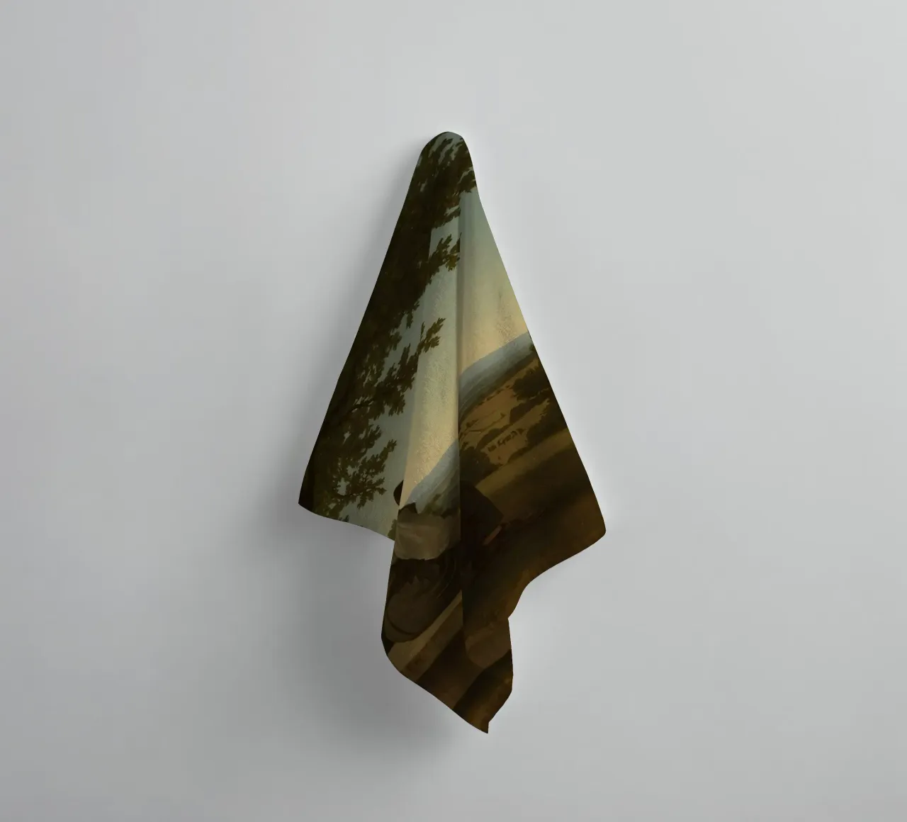 man seated on a stone bench reflecting on a landscape towel by DesignDoodle