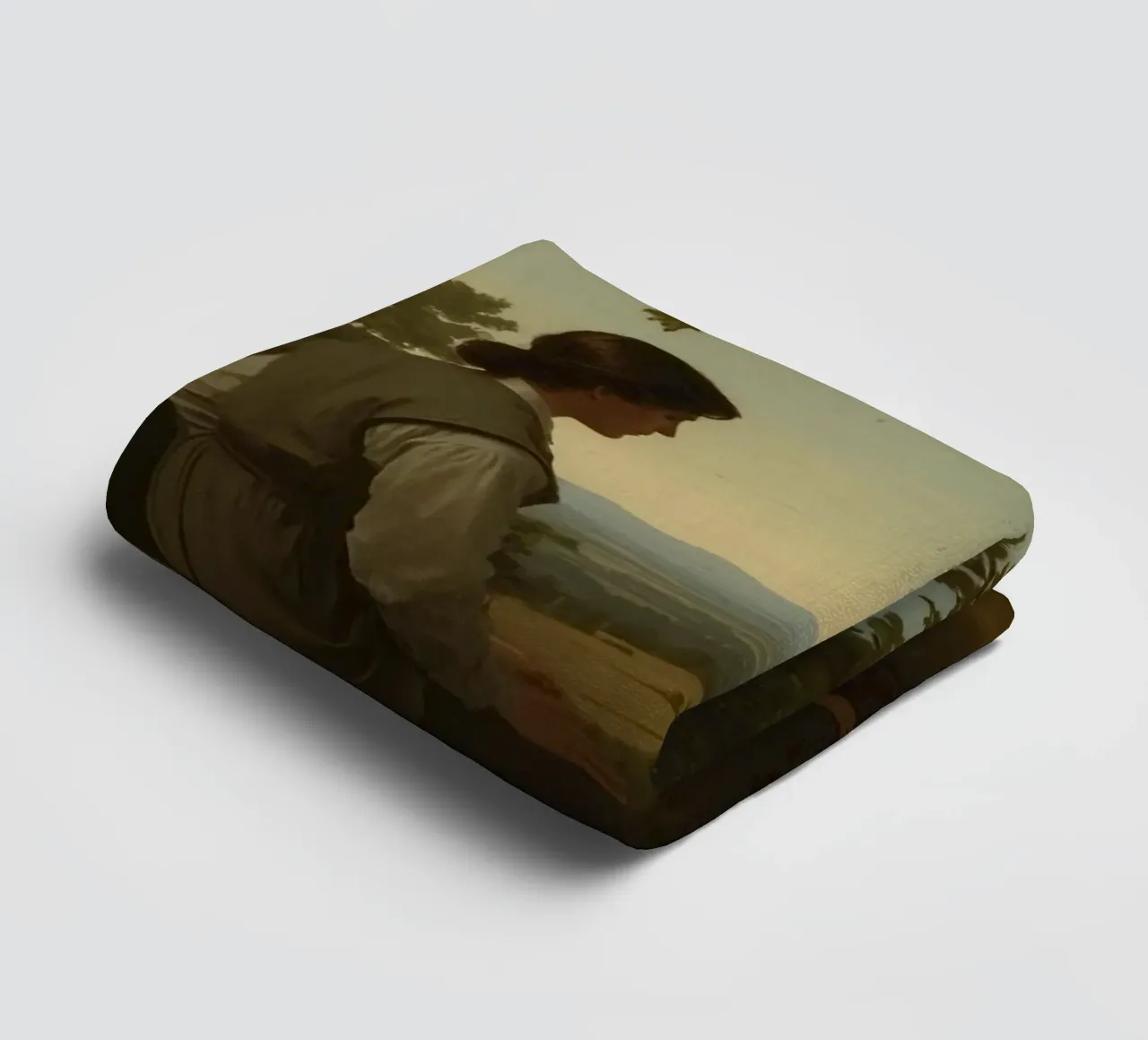 man seated on a stone bench reflecting on a landscape towel by DesignDoodle
