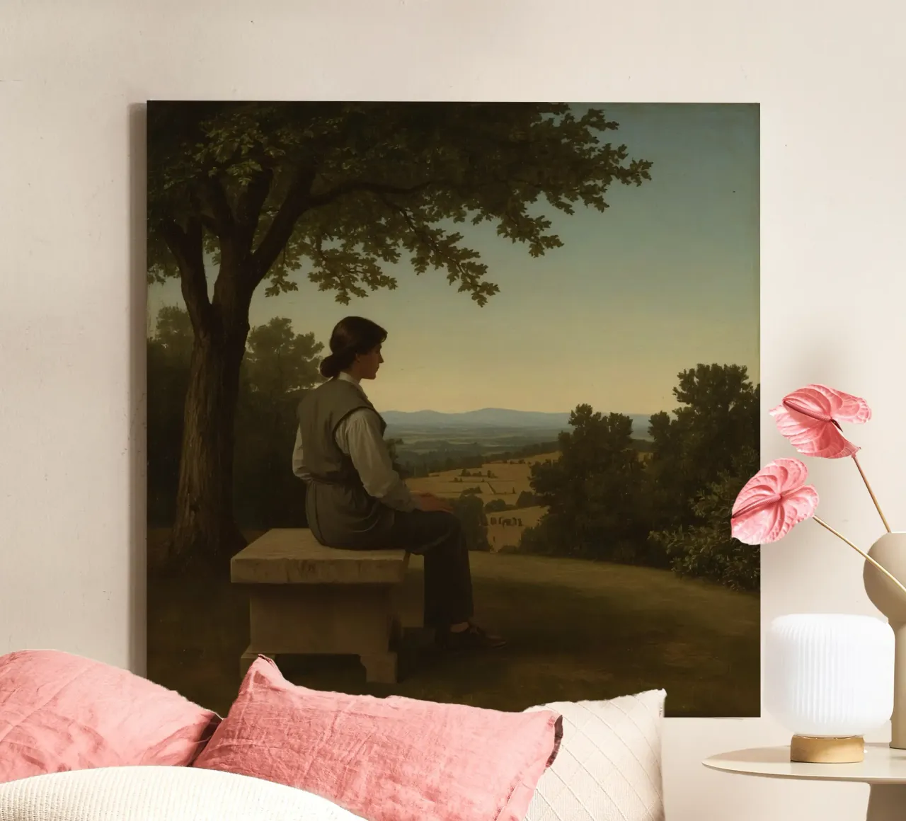 man seated on a stone bench reflecting on a landscape canvas by DesignDoodle