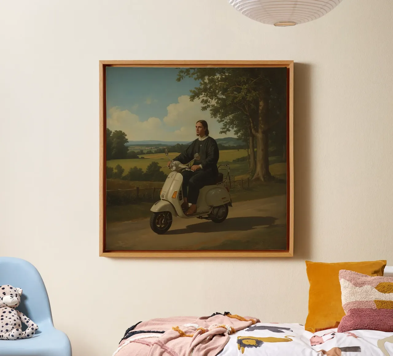 Giovane uomo in sella a uno scooter attraverso un paesaggio di campagna tela con Cornice a cassetta da DesignDoodle