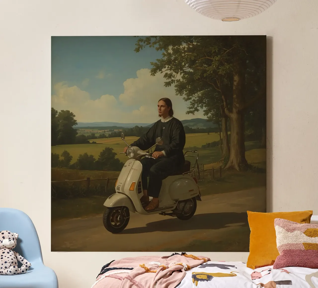 Giovane uomo in sella a uno scooter attraverso un paesaggio di campagna tela con Cornice a cassetta da DesignDoodle