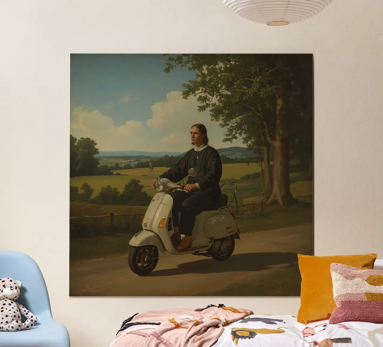 Giovane uomo in sella a uno scooter attraverso un paesaggio di campagna poster con telaio in alluminio da DesignDoodle
