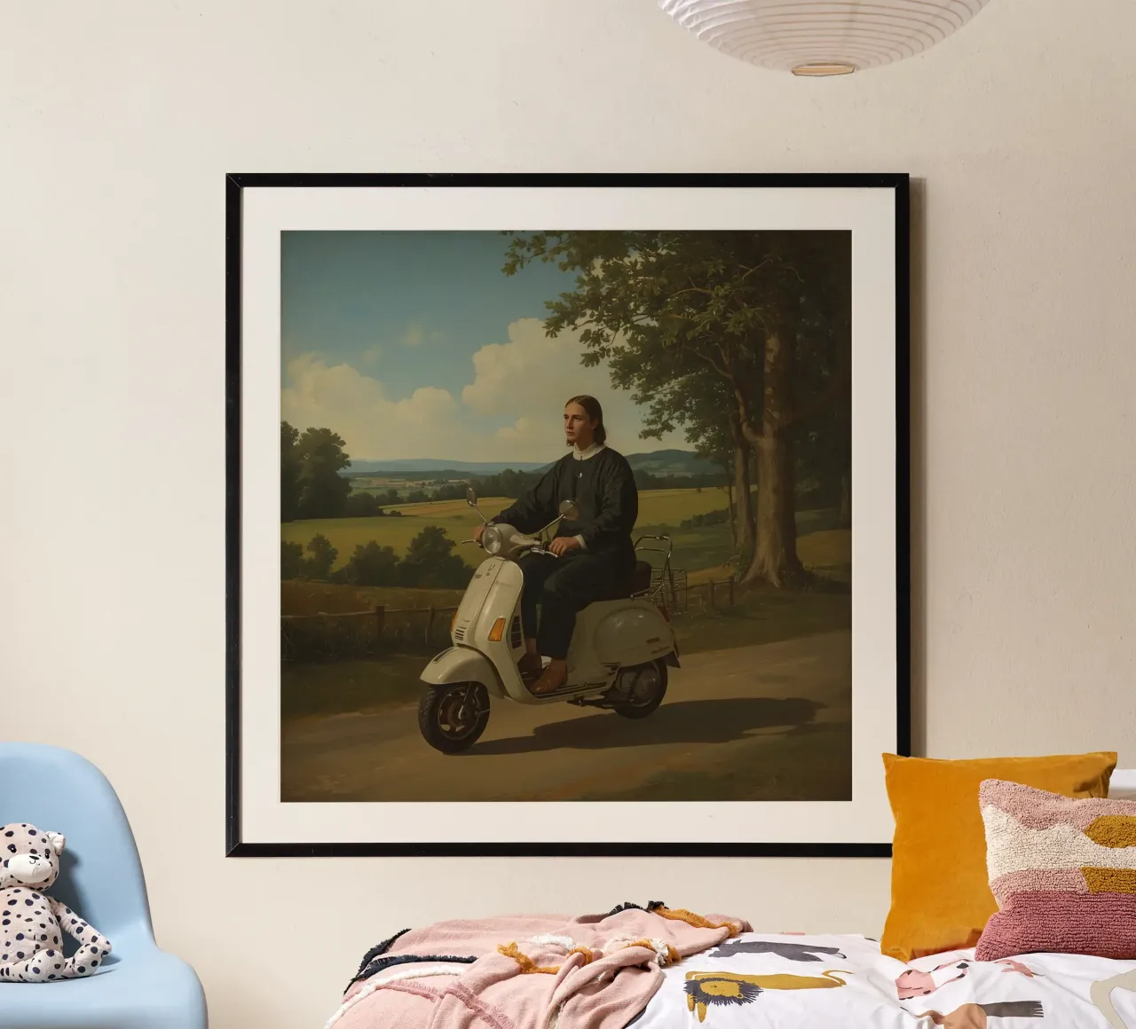 Giovane uomo in sella a uno scooter attraverso un paesaggio di campagna poster con telaio in alluminio da DesignDoodle