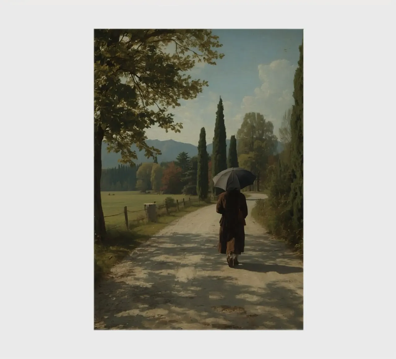 man walks along peaceful dirt path surrounded by tall trees notebook by DesignDoodle