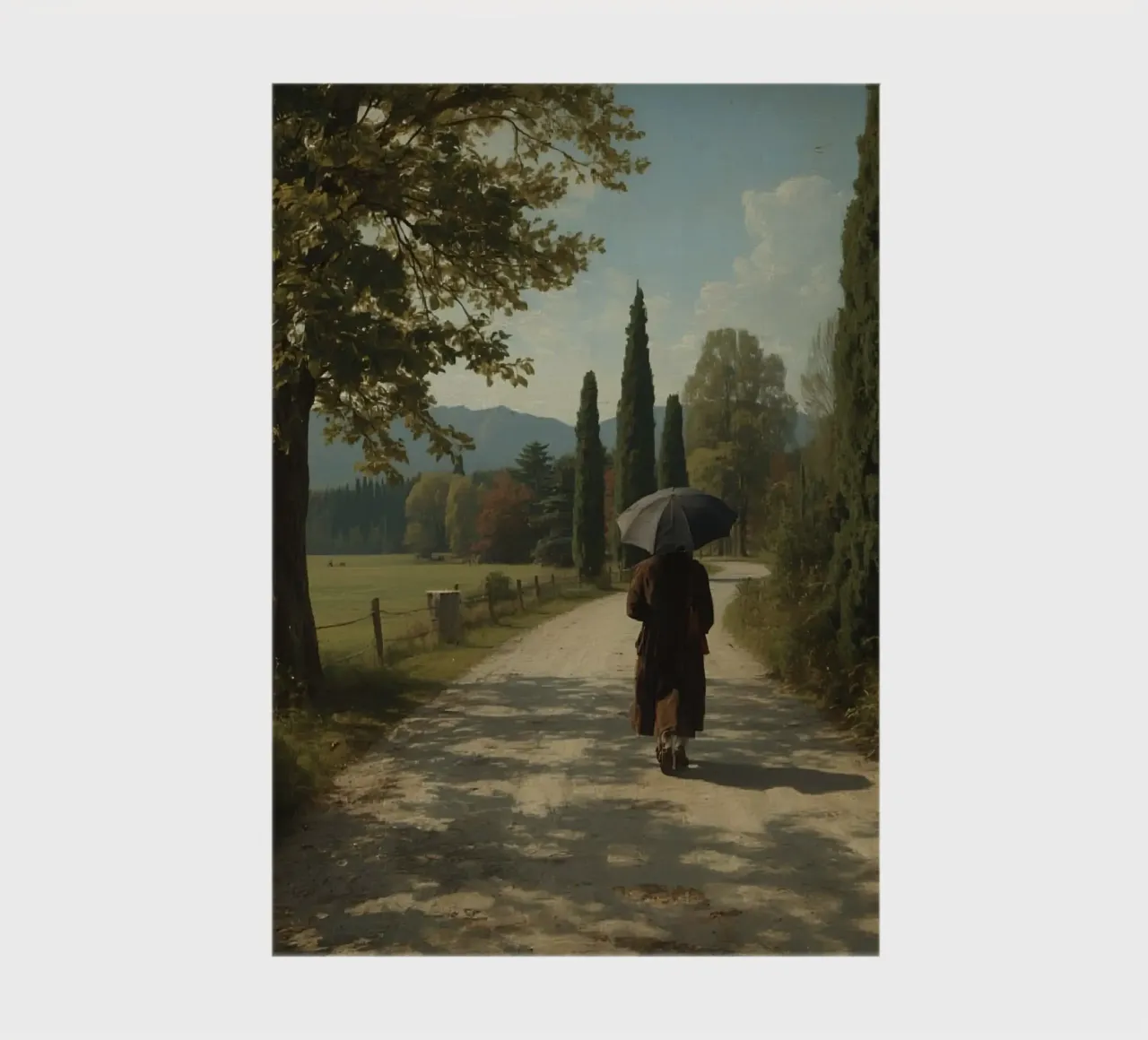 man walks along peaceful dirt path surrounded by tall trees notebook by DesignDoodle