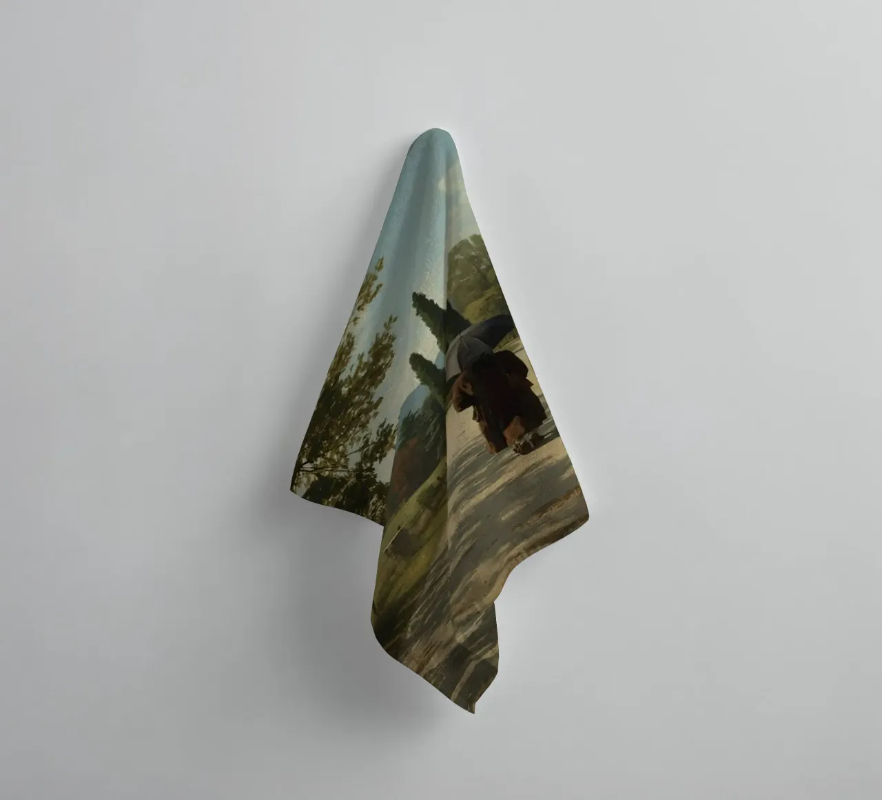 man walks along peaceful dirt path surrounded by tall trees towel by DesignDoodle