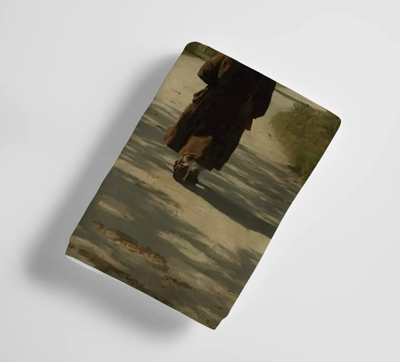 man walks along peaceful dirt path surrounded by tall trees towel by DesignDoodle