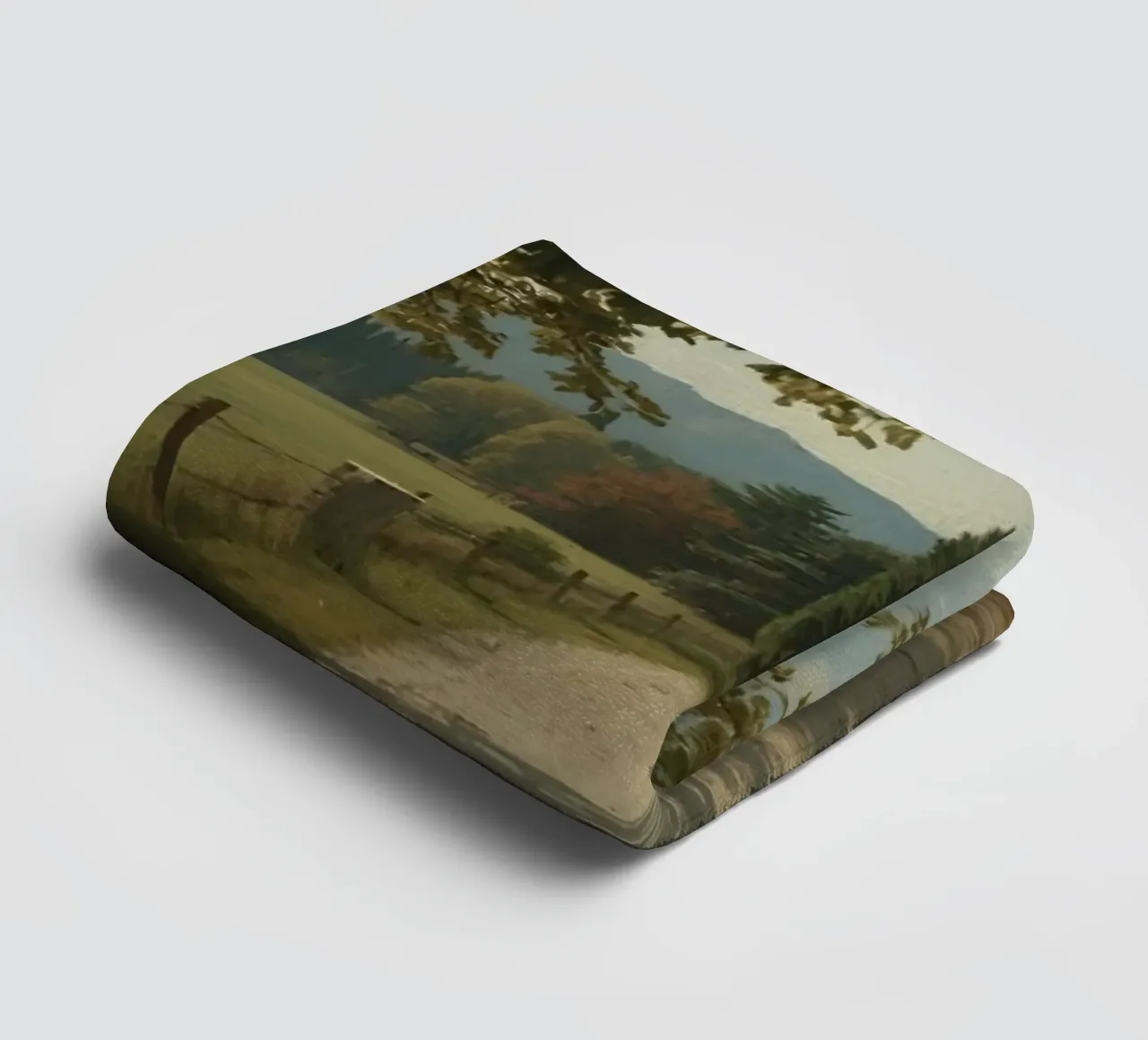 man walks along peaceful dirt path surrounded by tall trees towel by DesignDoodle