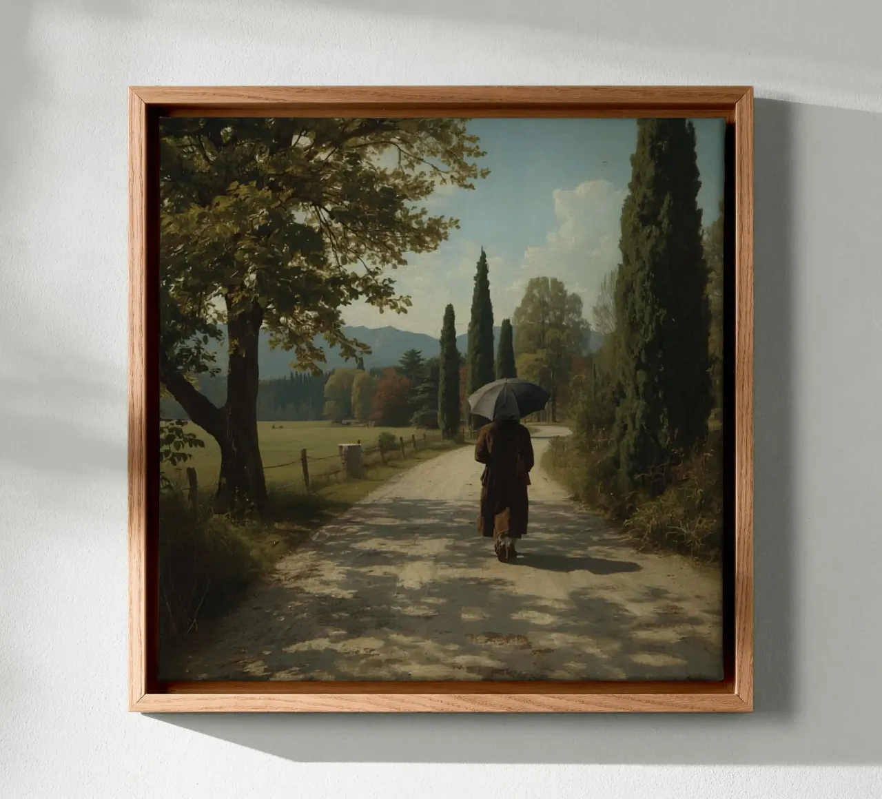 man walks along peaceful dirt path surrounded by tall trees canvas with Floater frame by DesignDoodle
